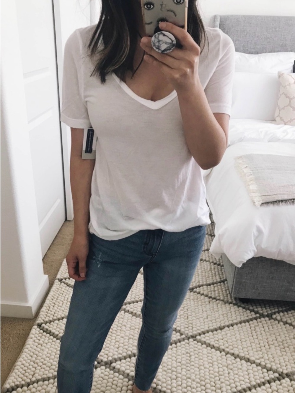 BP Raw Edge White VNeck TShirt